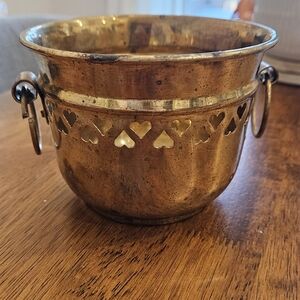 Vintage Solid Brass Planter/Bowl with Handles and Heart Cut Outs